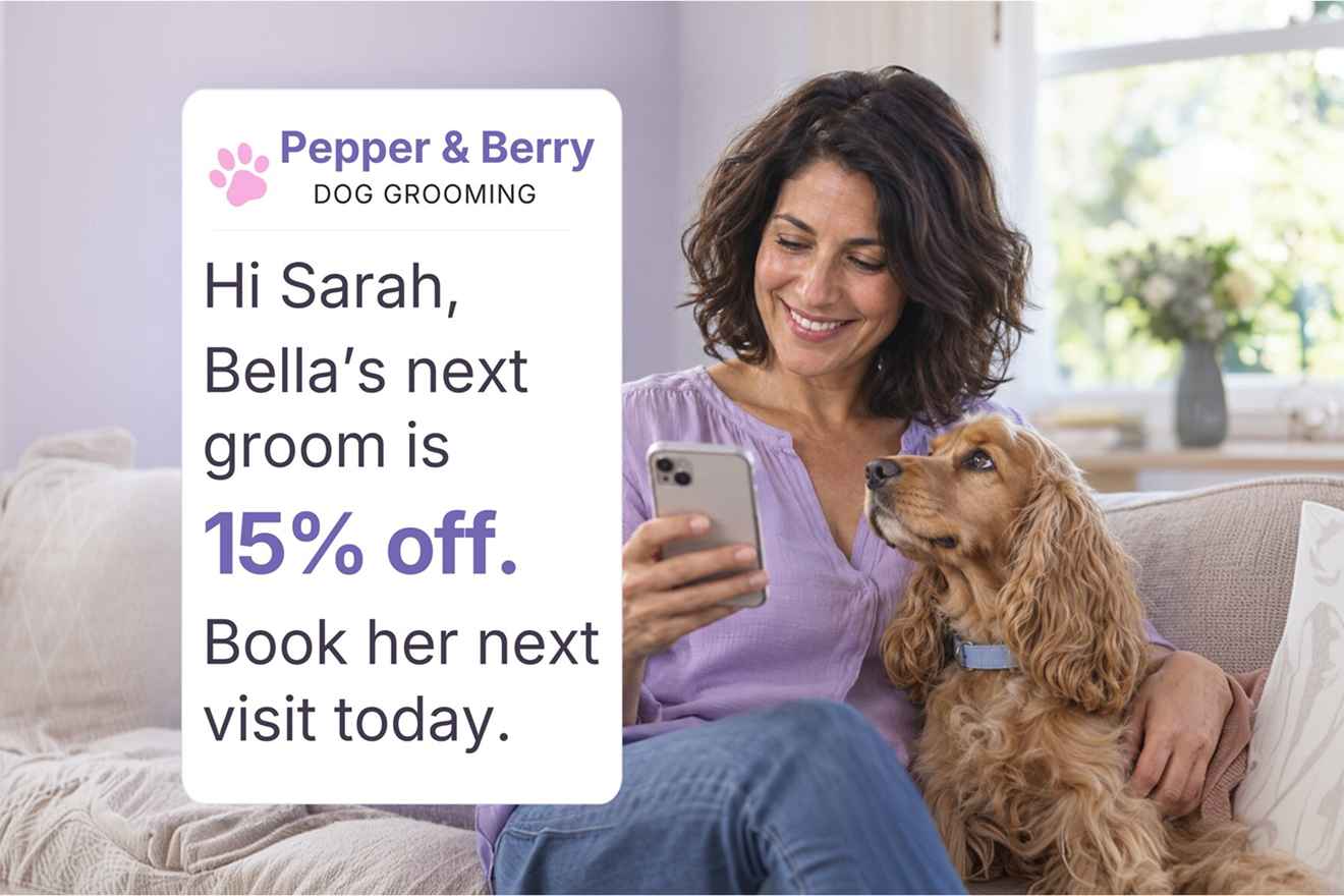 Pet owner reading a grooming offer text message