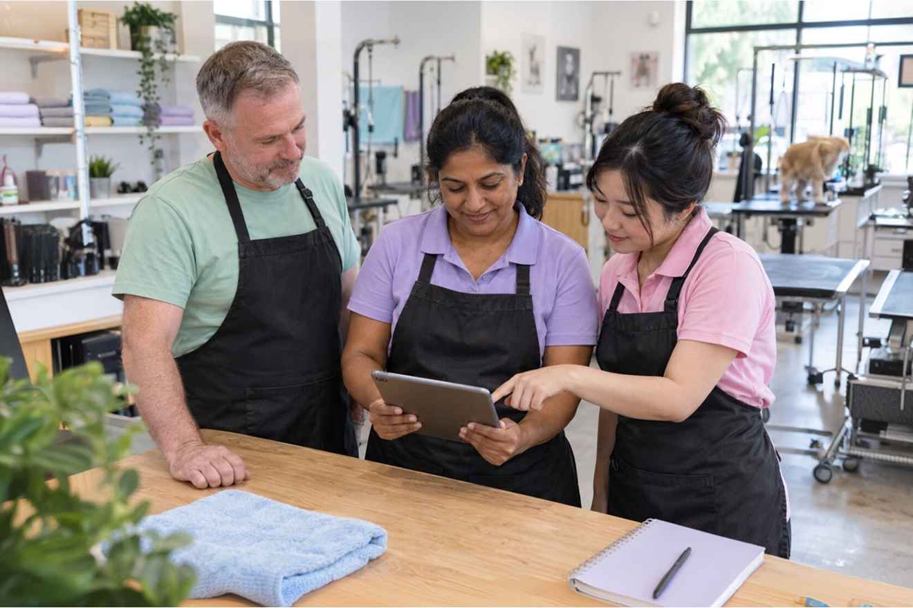 Pet business team reviewing bookings on a tablet