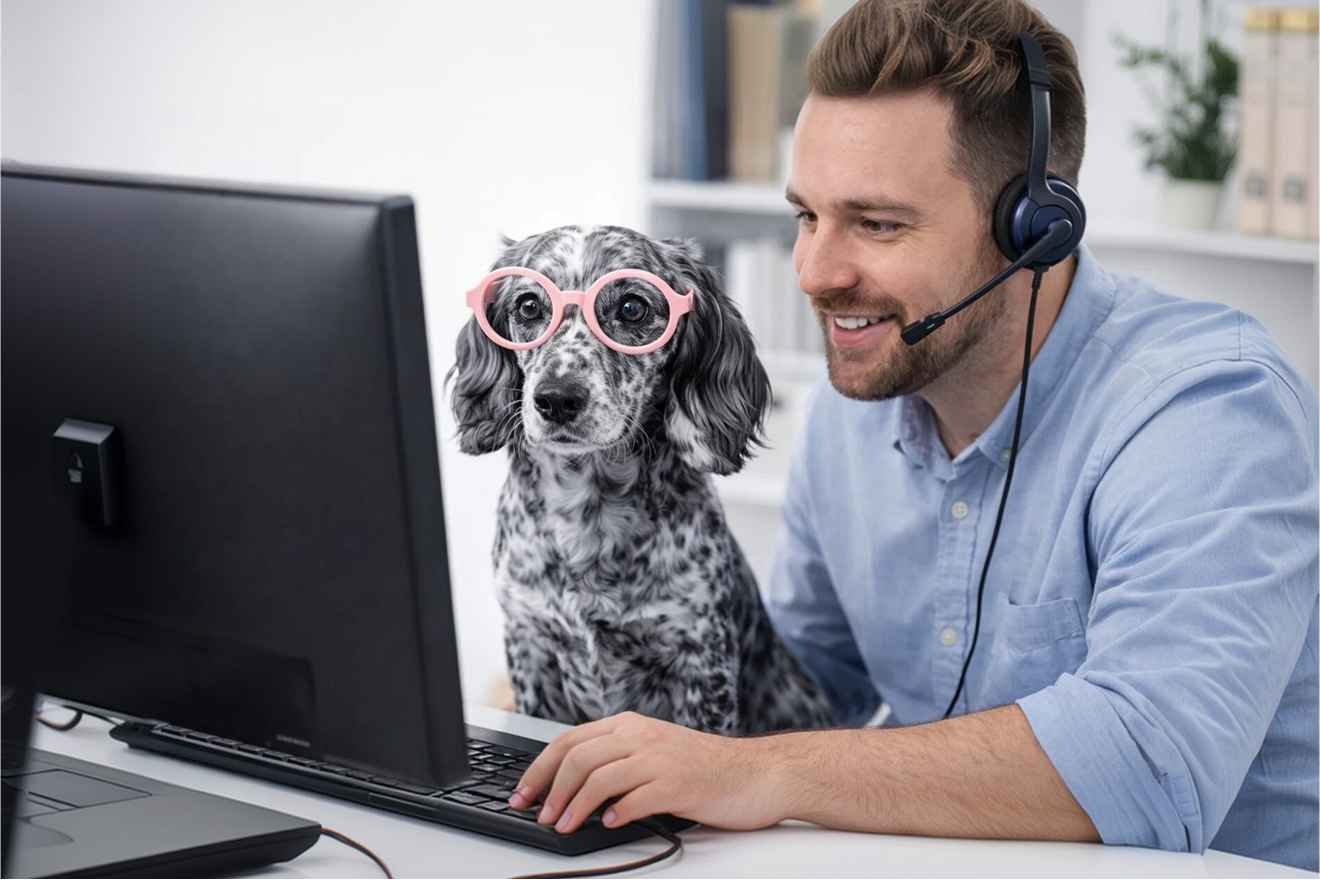 Neko support illustration with a dog wearing glasses
