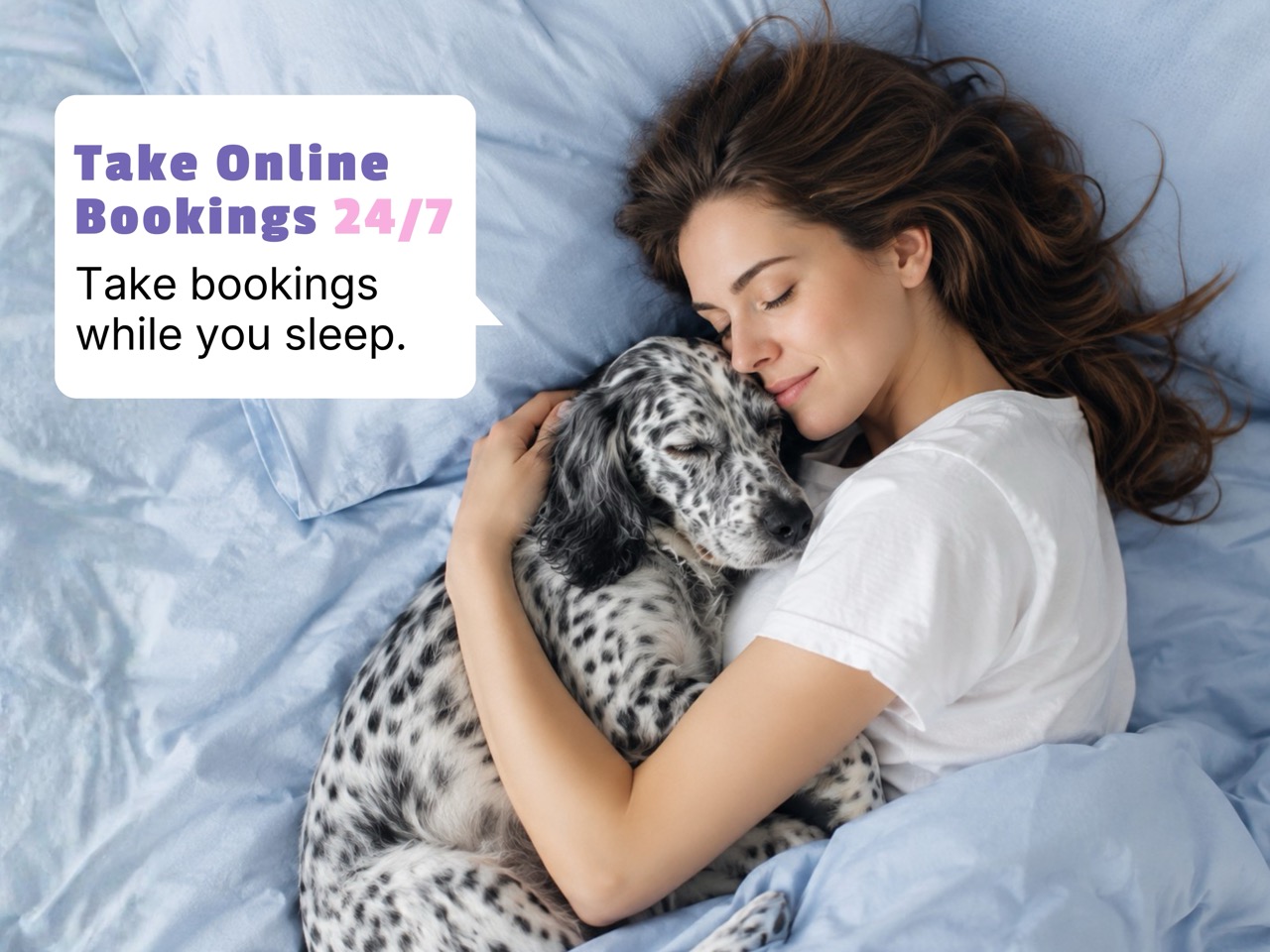 Online pet bookings while an owner rests beside a dog