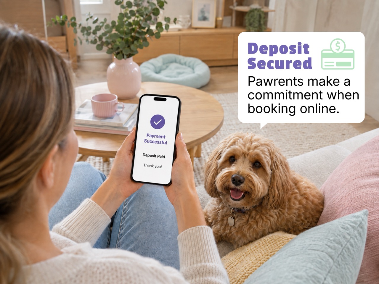 Pet owner paying a booking deposit on a phone