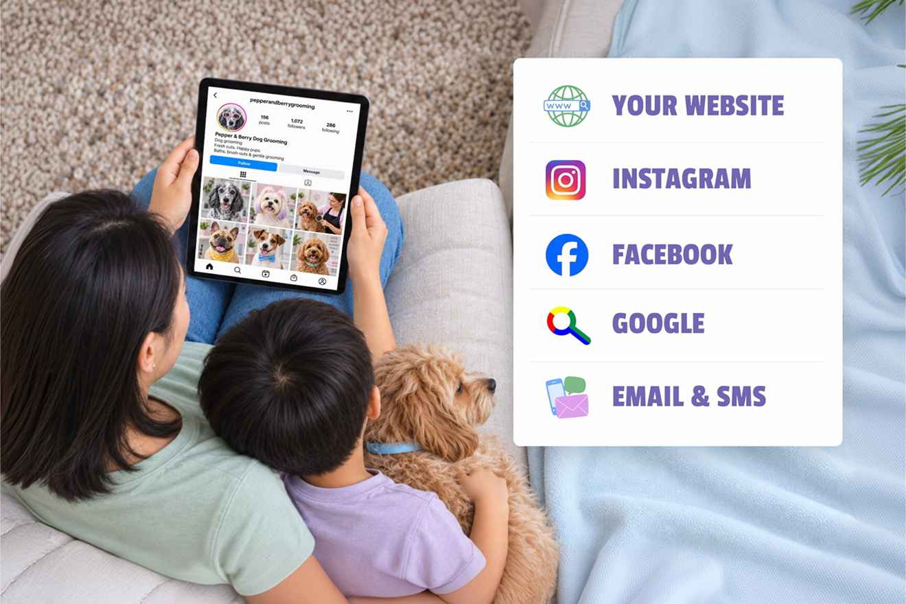 Online pet booking channels shown beside a tablet