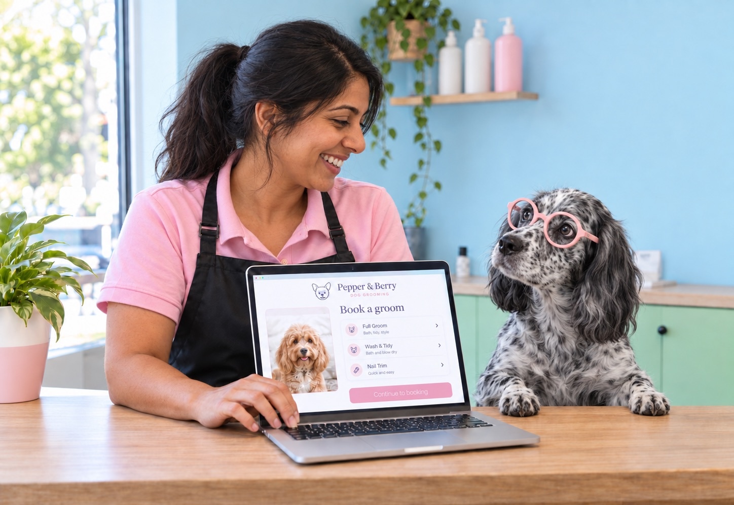 Pet grooming booking website displayed on a laptop