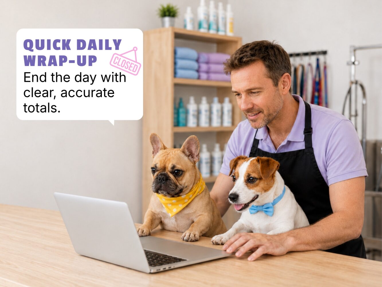 Pet business owner reviewing end-of-day sales