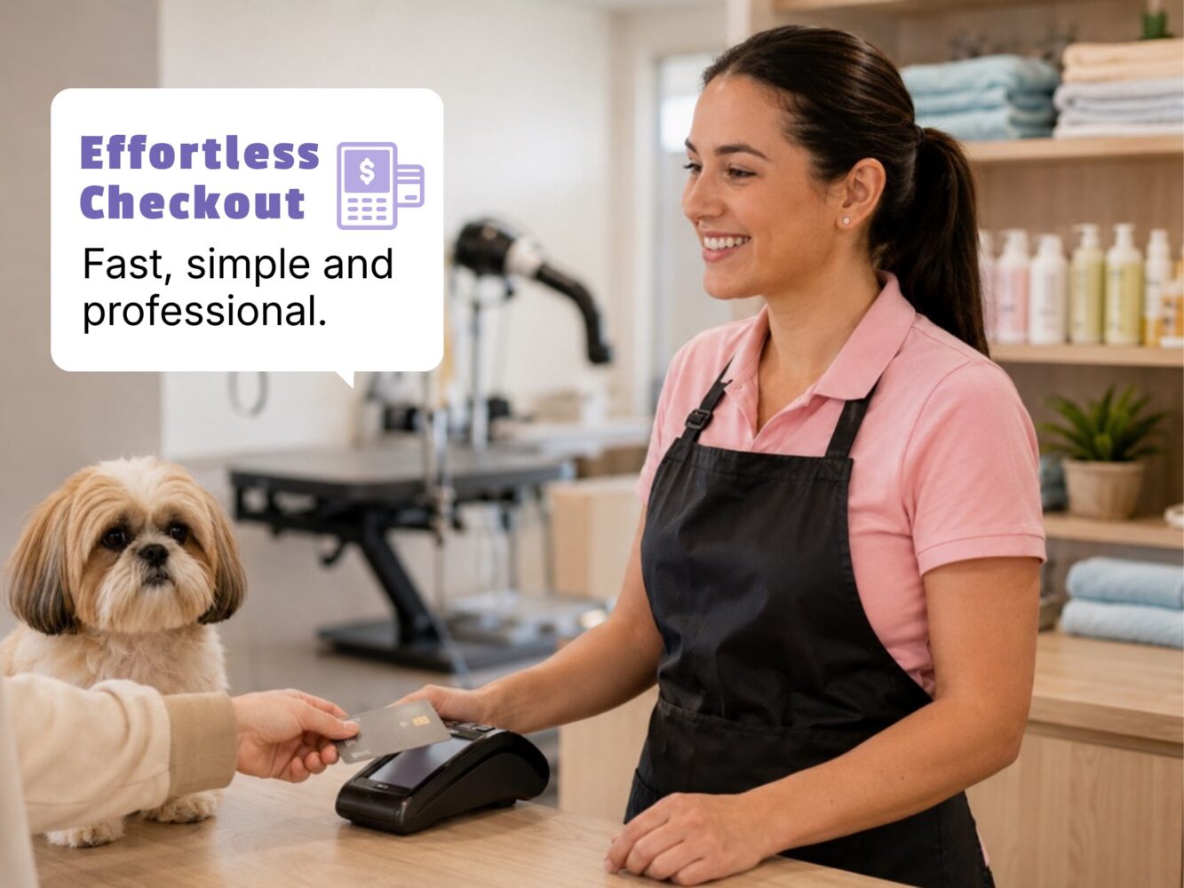 Pet business staff completing checkout at reception