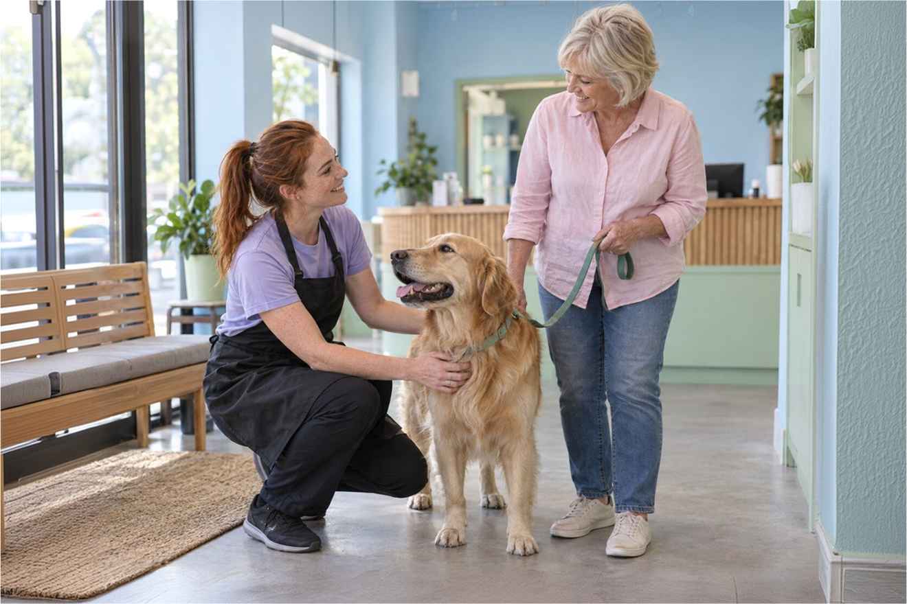 Pet groomer helping a dog owner at checkout