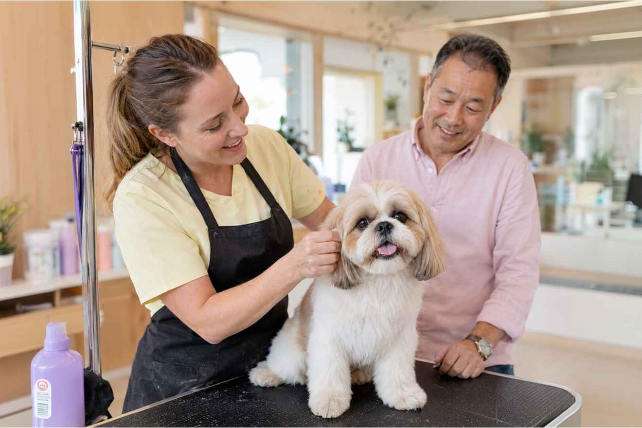 Pet groomer consulting with a dog owner