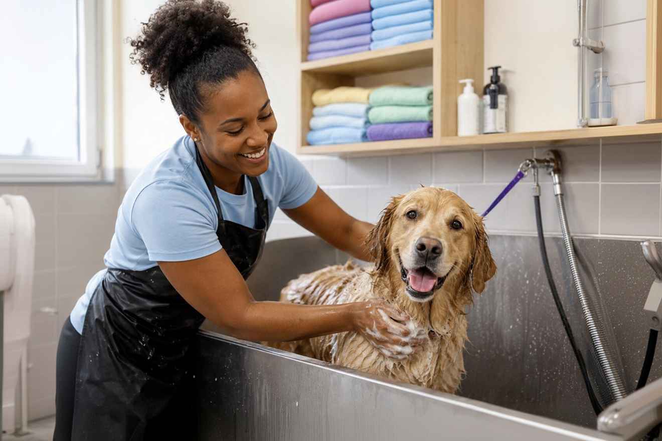 Groomer washing a golden dog