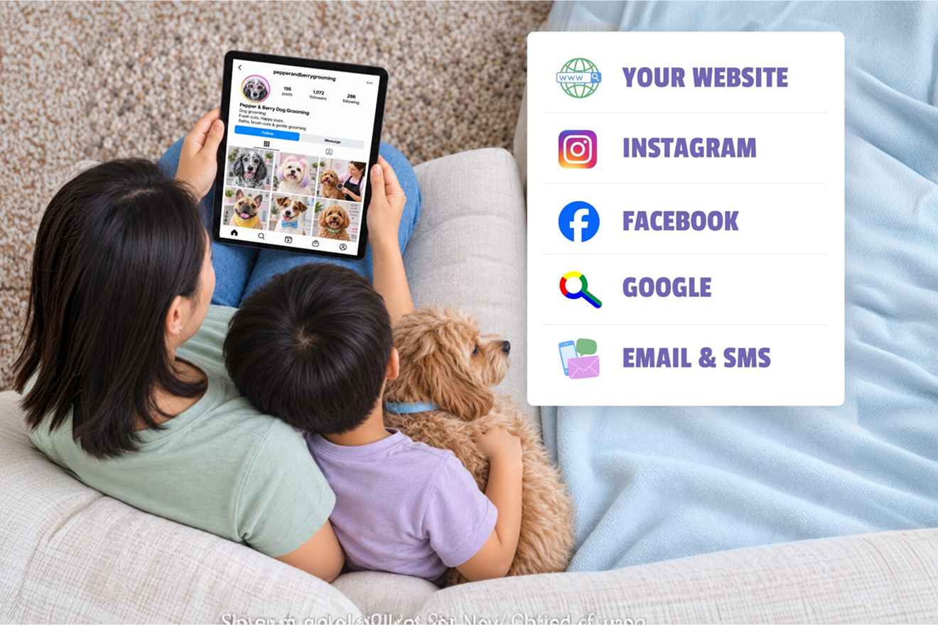 Online pet booking channels shown beside a tablet