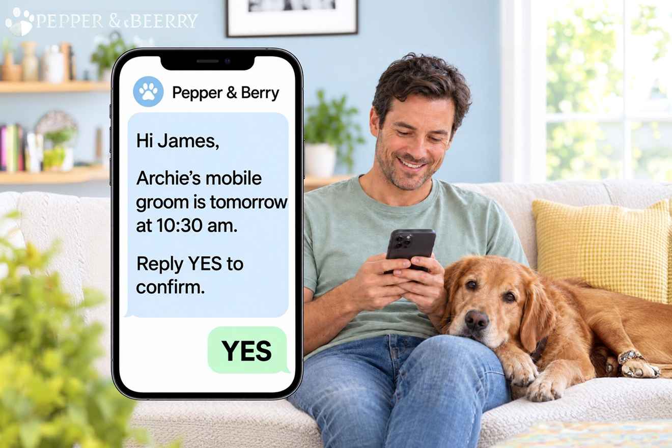 Pet owner reading an appointment confirmation text