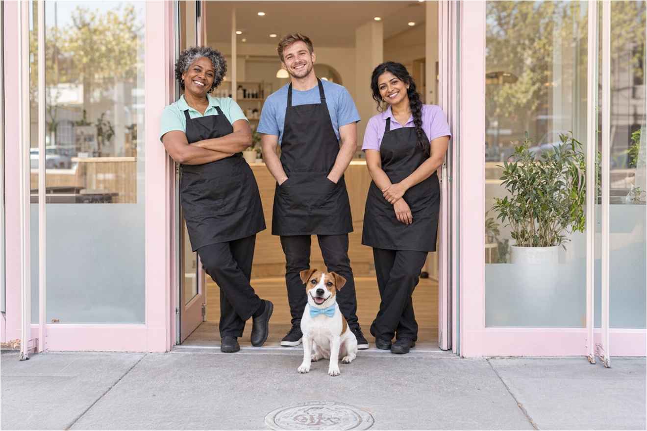Pet grooming team outside their salon with a dog