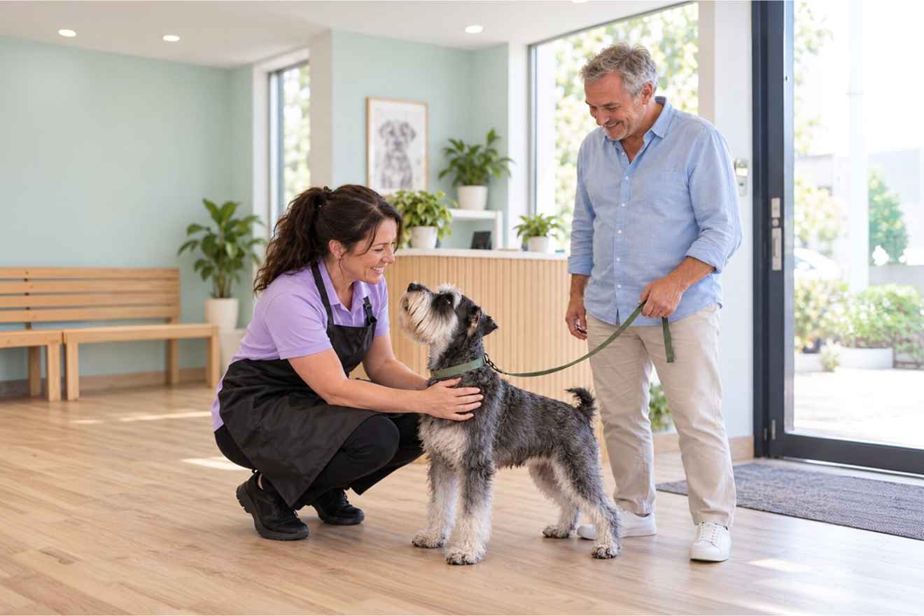 Groomer reviewing a dog's details with its owner