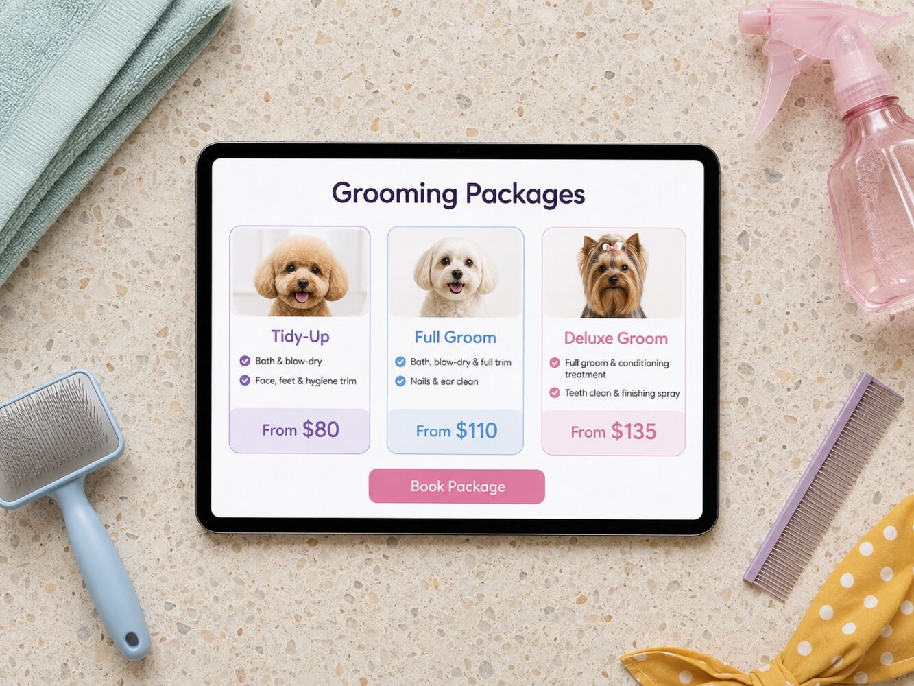 Prepaid grooming packages shown on a tablet