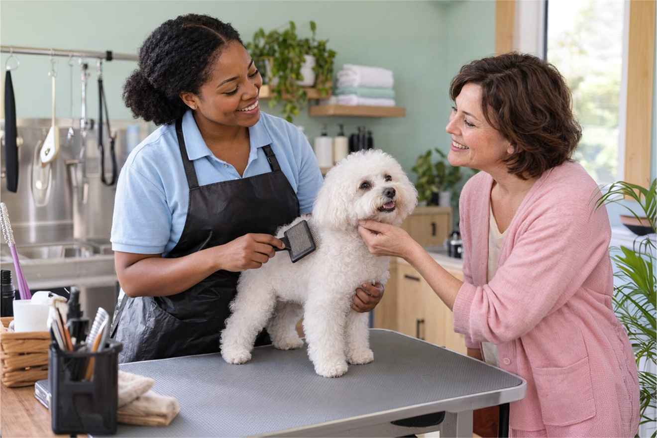 Groomer speaking with the owner of a white dog