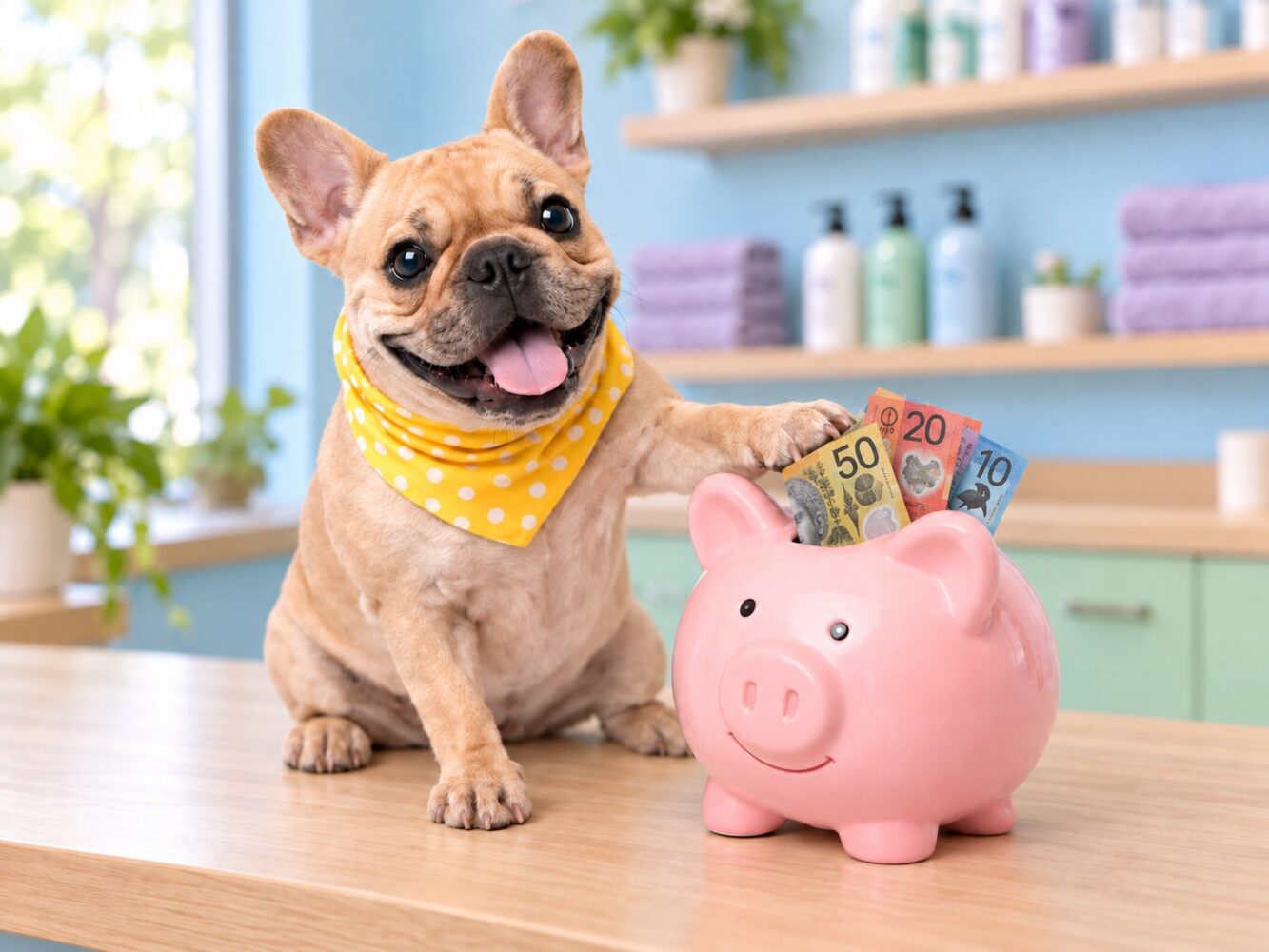 French bulldog beside a piggy bank and money
