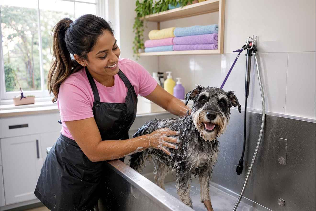 Pet groomer washing a long-haired dog