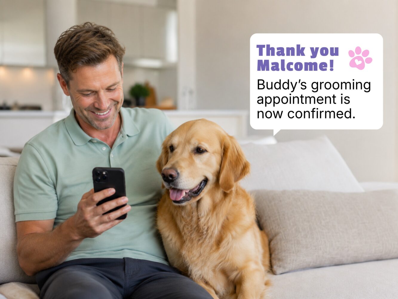 Pet owner reading an appointment confirmation text