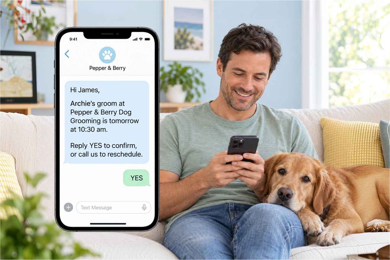 Pet owner reading an appointment confirmation text