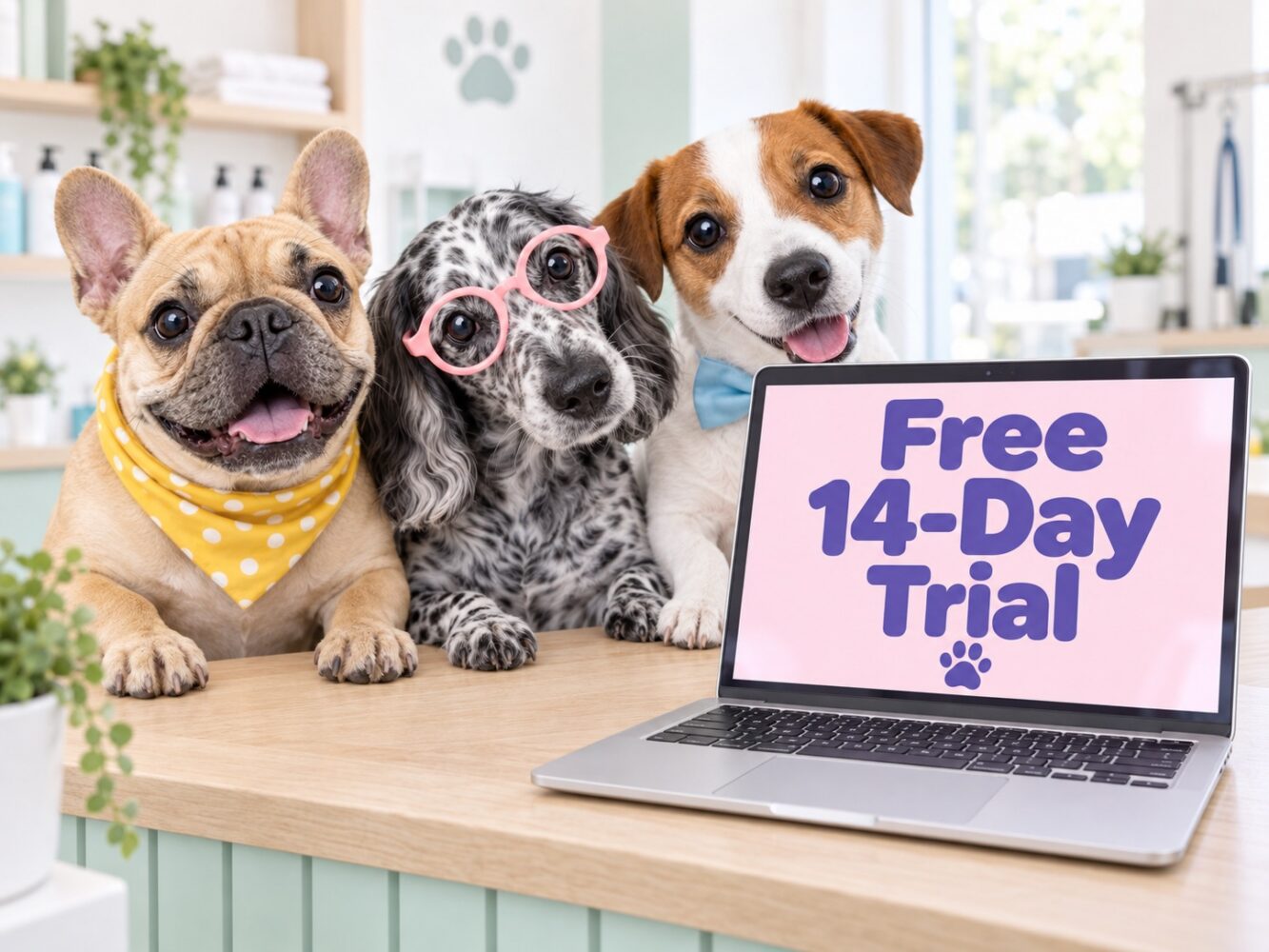 Neko 14-day free trial illustration with three dogs