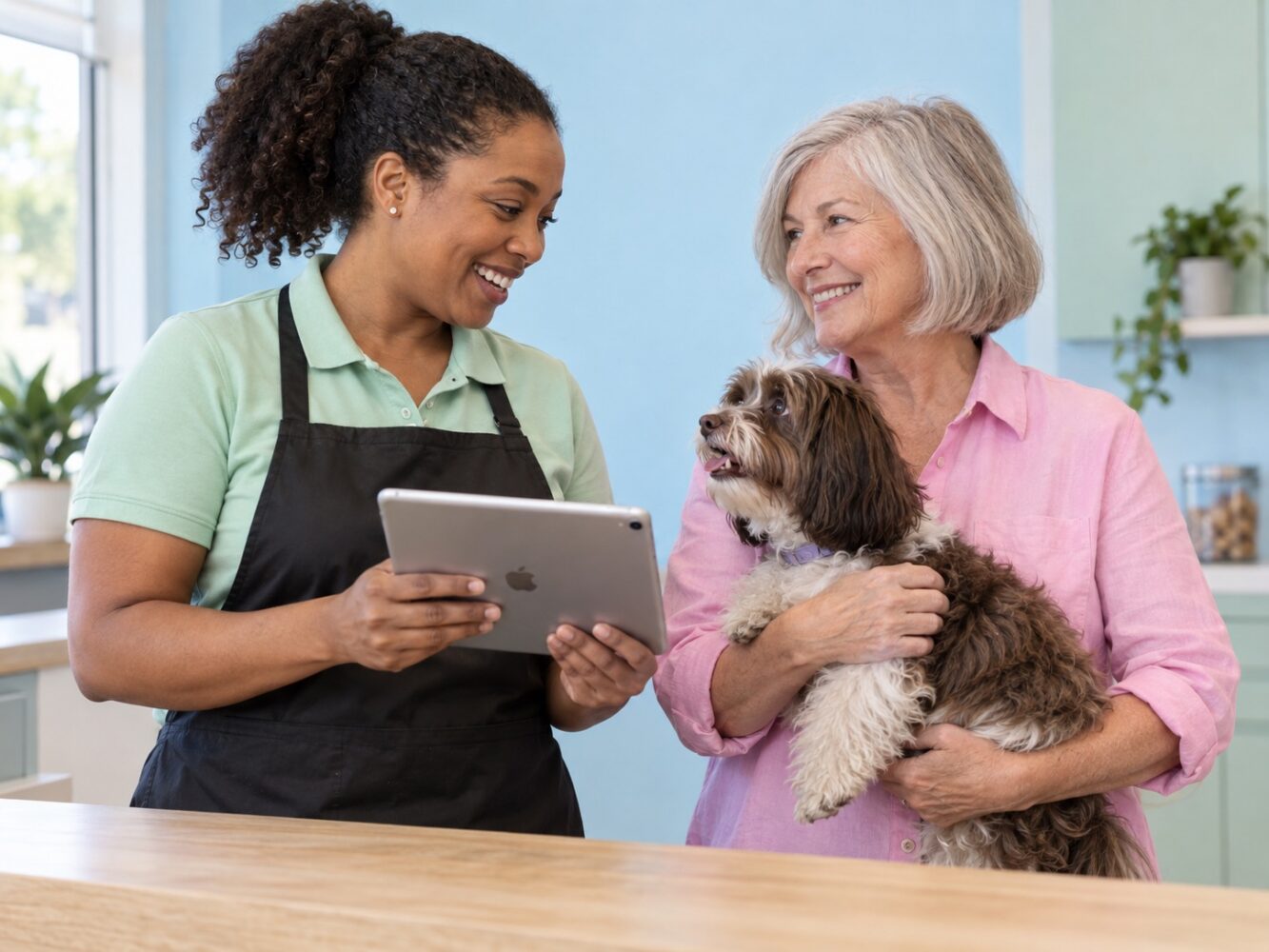 Groomer reviewing a dog's details with its owner