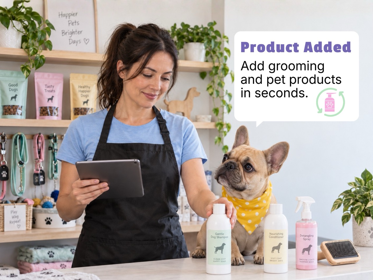 Staff adding a pet retail product on a tablet