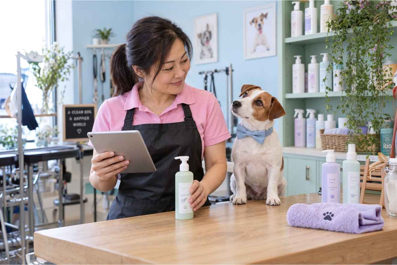 Pet business staff checking a tablet beside a dog