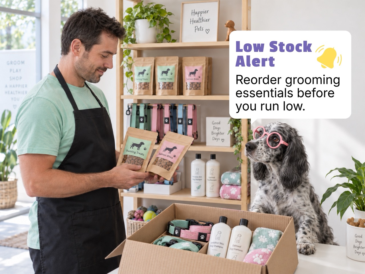 Pet business stock delivery and low-stock notification