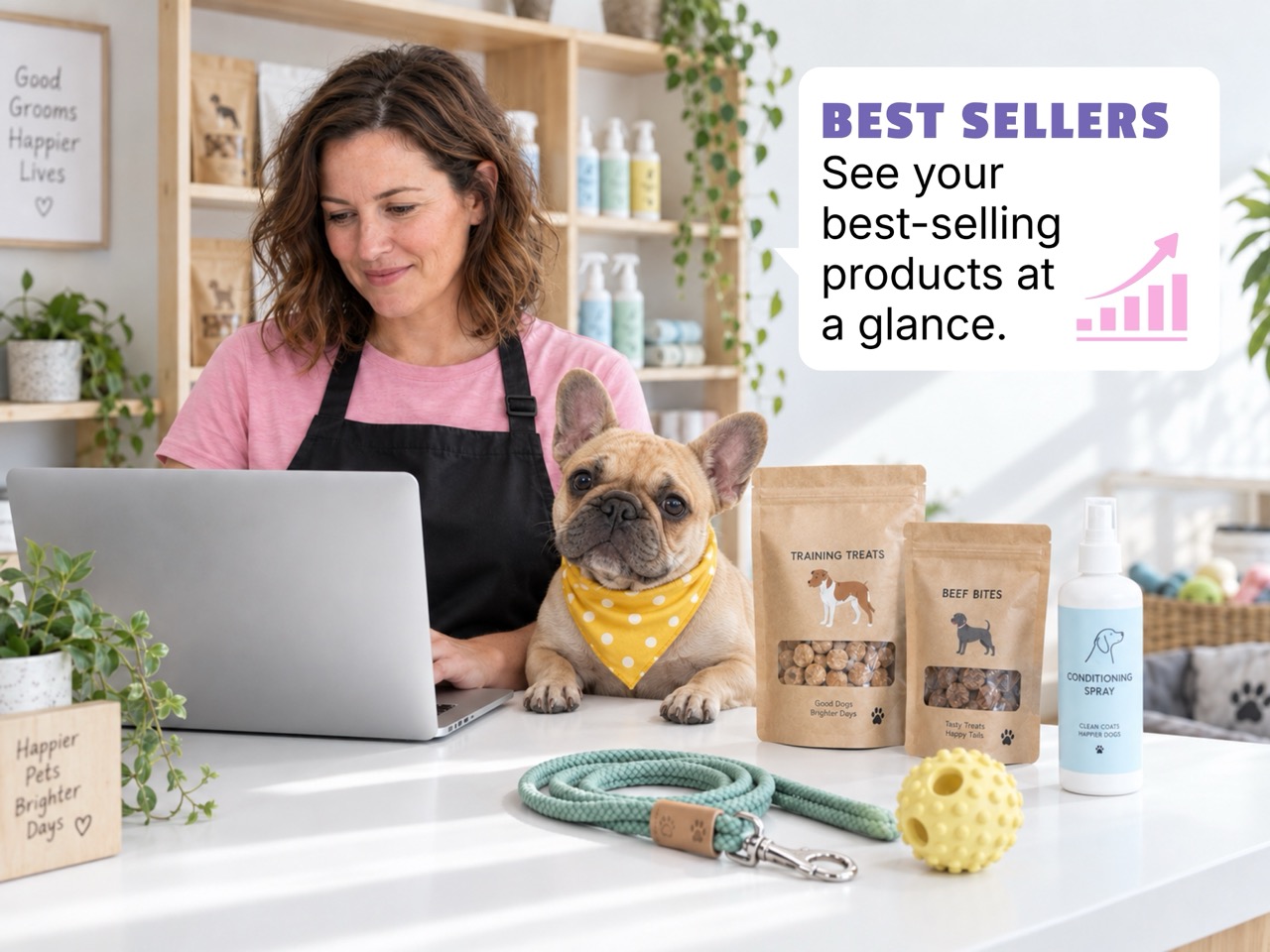 Staff reviewing best-selling pet retail products