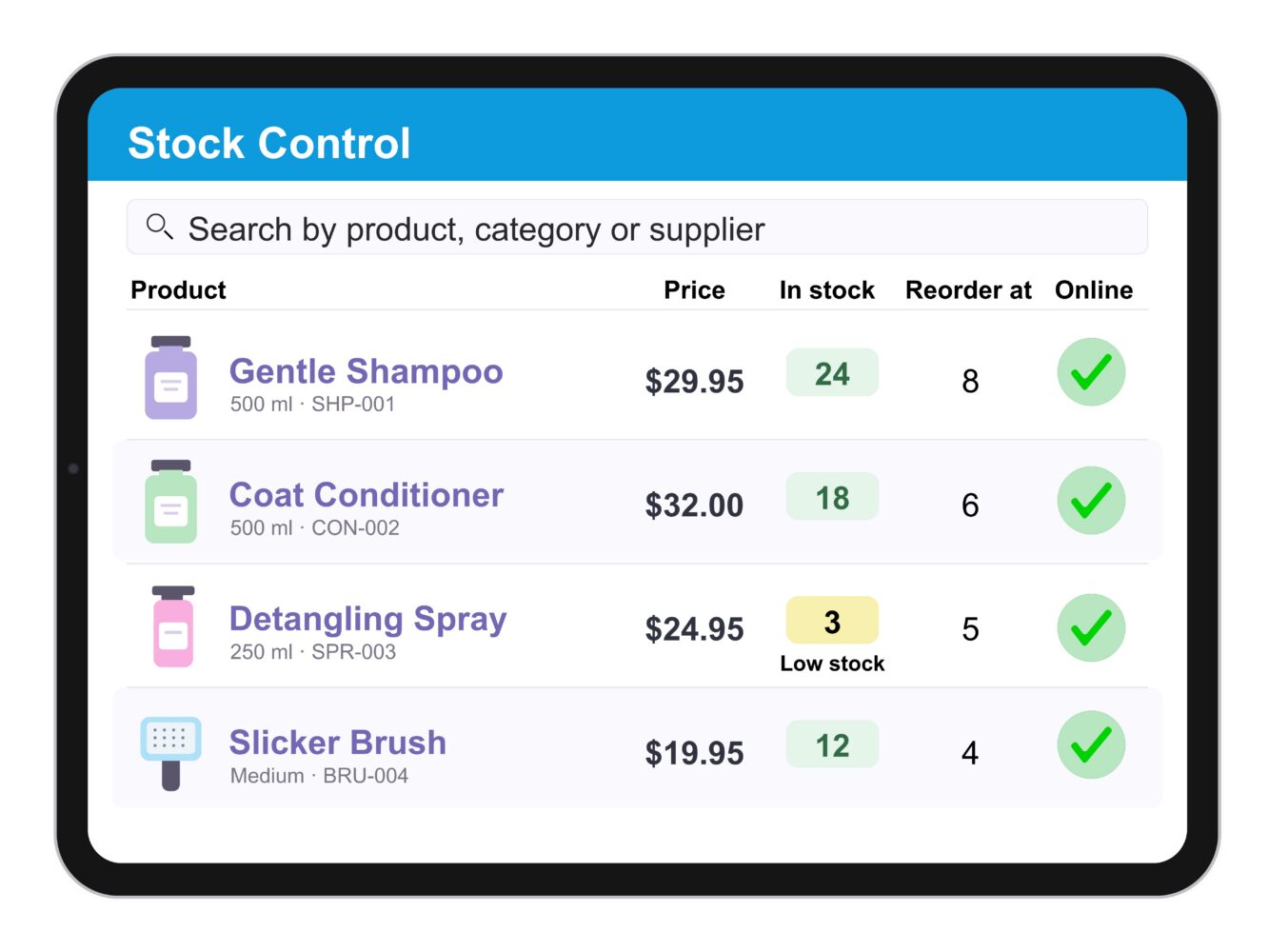 Neko stock control and product inventory screen