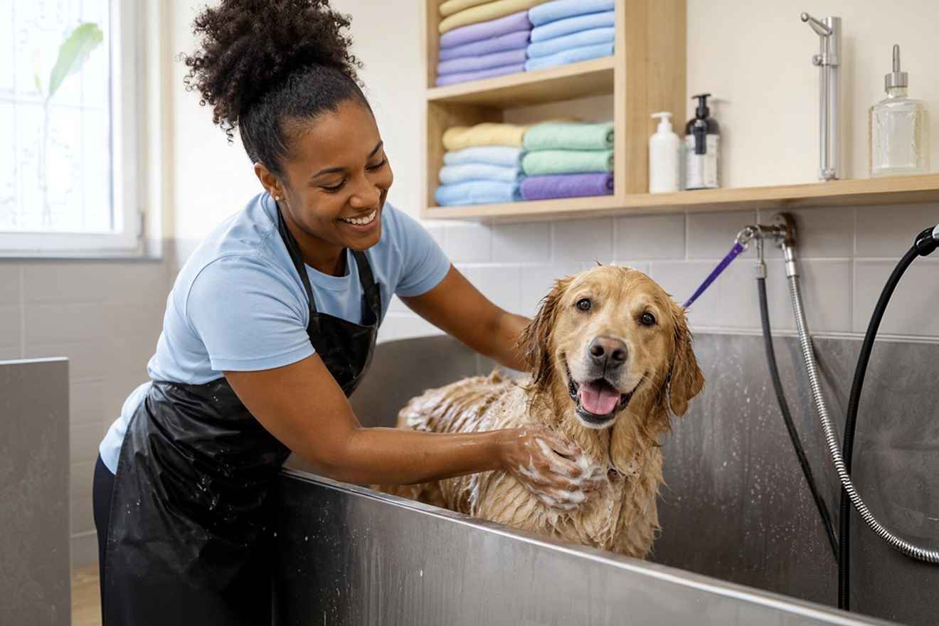 Groomer washing a golden dog