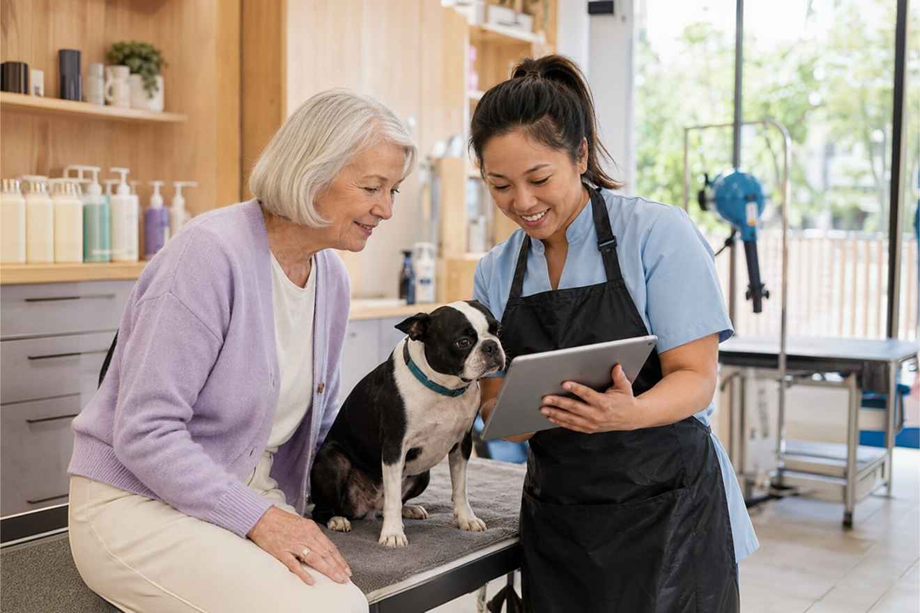Pet groomer reviewing a terrier's profile with its owner