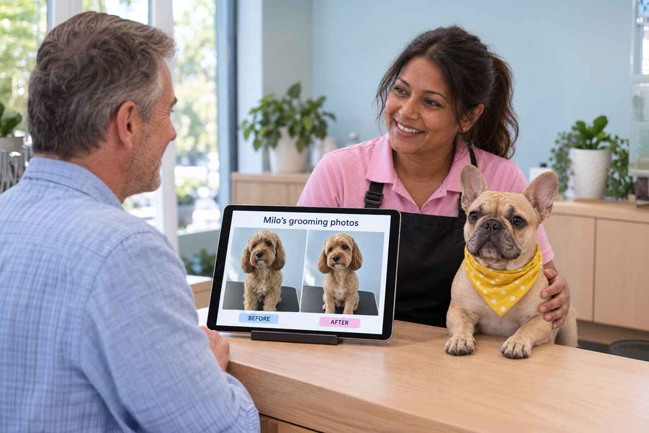 Pet groomer consulting with a dog owner