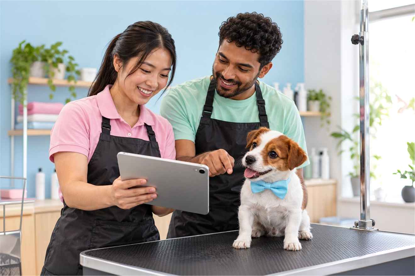 Pet business staff reviewing customer records together