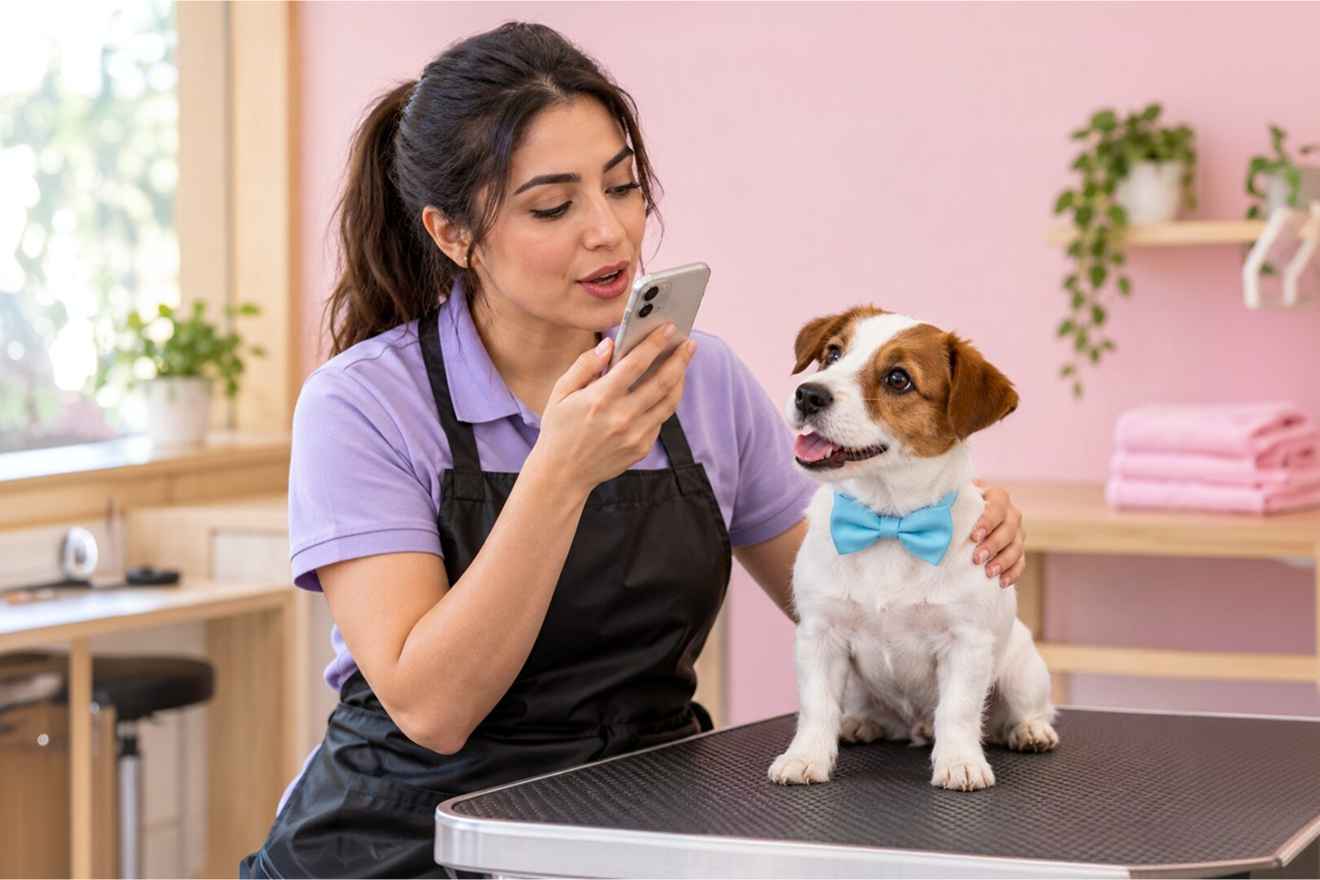 Pet owner using a phone in a grooming salon