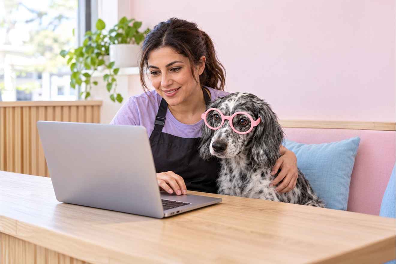 Pet groomer using a computer beside a dog wearing glasses