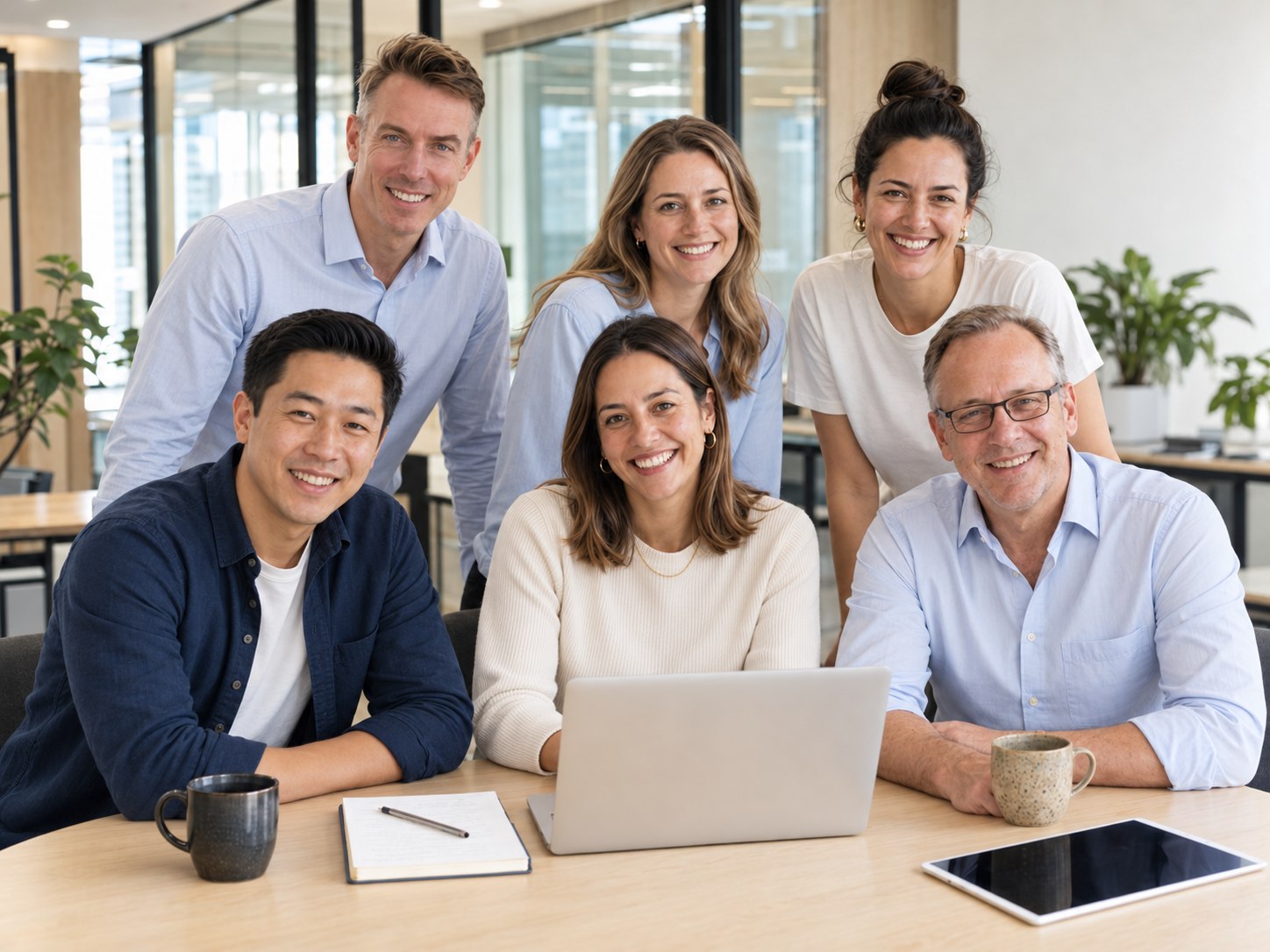 Six smiling team members gathered around a laptop in a bright glass-walled office