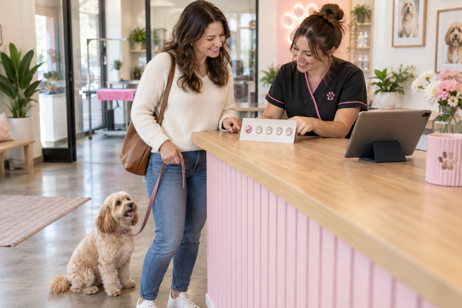 A groomer and dog owner review a five-visit package card with one visit marked, while the owner's dog sits beside the counter.