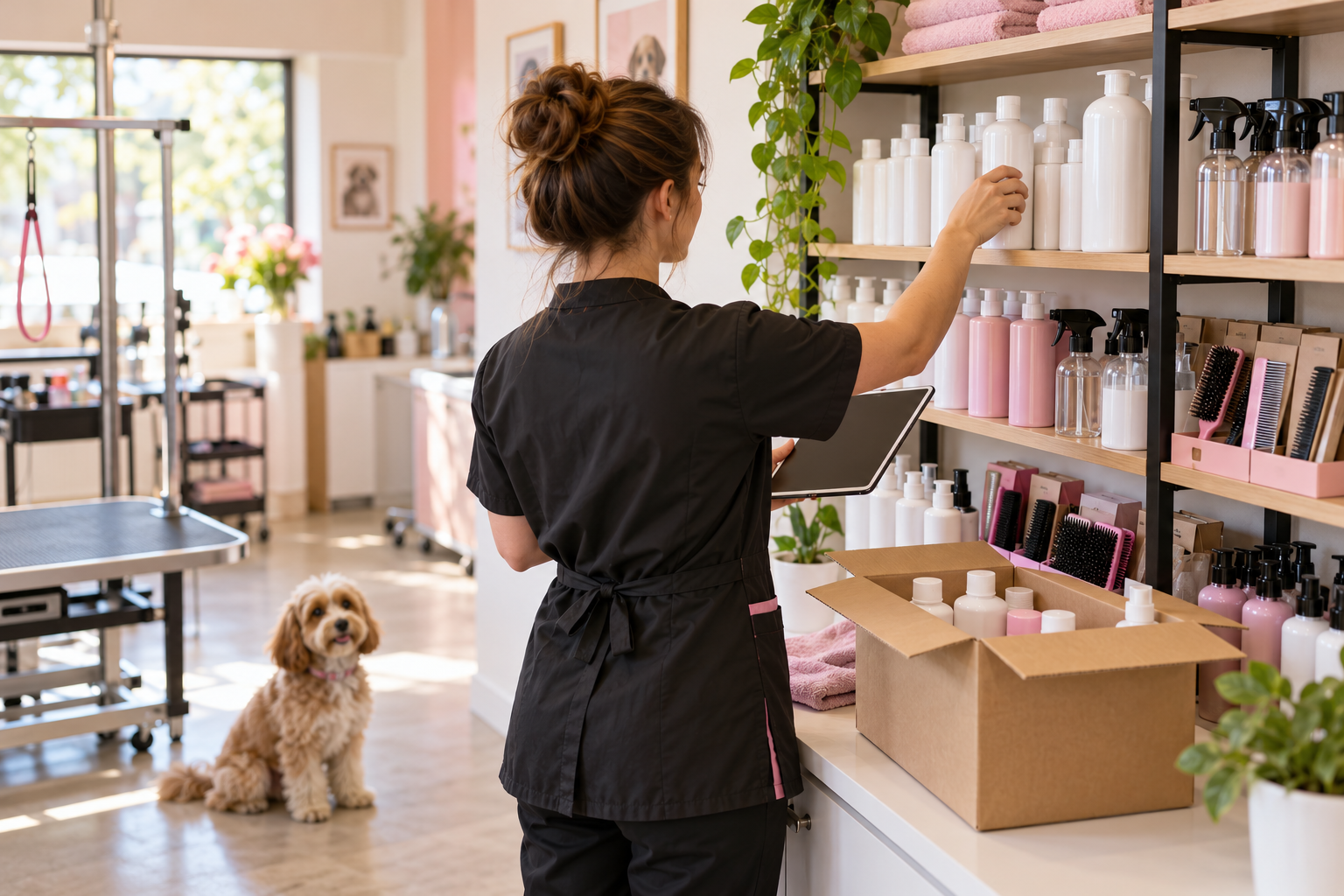 A groomer holds a tablet while checking bottles and brushes on a salon shelf, with a delivery carton nearby and a dog seated on the floor.